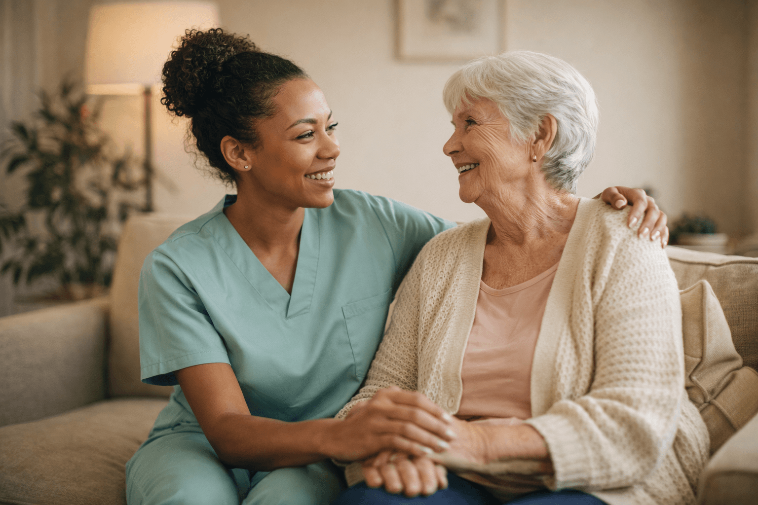 Caregiver providing friendly support to an older adult at home